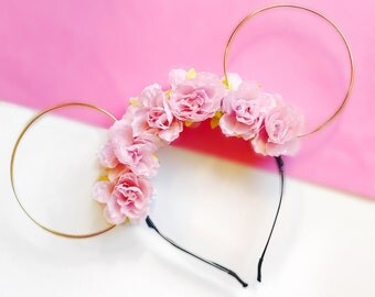 Pink Flower Crown and Gold Wire Mouse Ears Headband