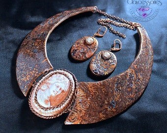 Cameo Necklace / Collar necklace / Statement necklace / Bib necklace / Bohemian earrings / Polymer clay jewelry