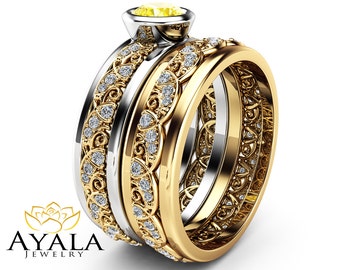 yellow diamond engagement ring unique 14k yellow gold bridal set rings 12 carat bezel - Yellow Diamond Wedding Rings yellow diamond engagement ring unique 14k yellow gold bridal set rings 12 carat bezel - Yellow Diamond Wedding Rings