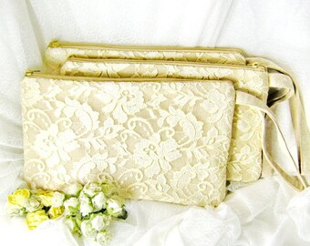 Set of 3 Bridesmaid clutch, linen lace clutch, bridesmaid gift wedding gift, Makep bag ivory white lace purse rustic simple zipper CL904