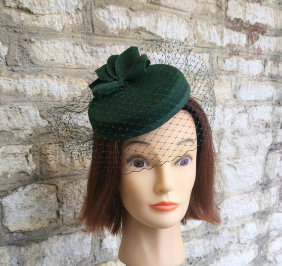 Pillbox hat with veil dark green cocktail hat and mini