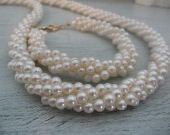 Vintage Napier Jewelry Set Twisted Pearl Necklace Bracelet Set Something Old Multistrand Pearl Necklace Ivory Pearl Bracelet Ivory Pearls