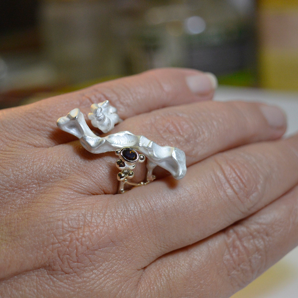 SCULPTURE RING sterling silver and solid yellow gold 14Kt