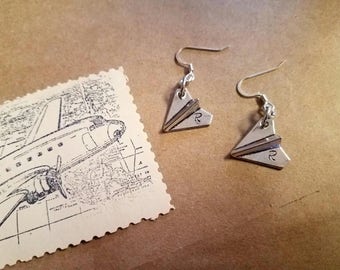 Paper Airplane Earrings with Customizable Stamped Letter