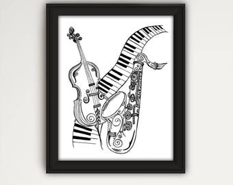 Music Lovers Print, Musical Instruments Drawing, Keyboard Print, Line Drawing, Black and White Art, Music Print, Saxophone Drawing P1033