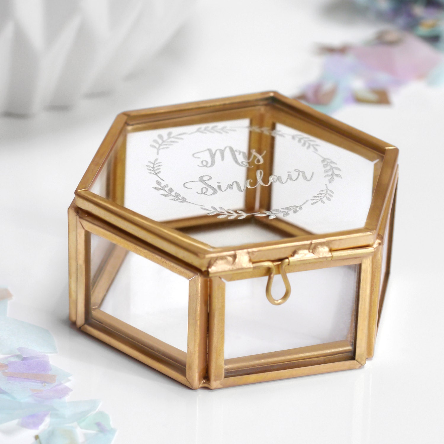 Personalized Engagement Gift, Glass Hexagon Jewelry Box, Vintage Style, Custom Wedding Gift, Personalised 'Mrs' Hexagon Jewellery Box