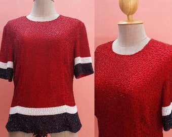 Red Sequin Top Sequin Blouse Beaded Top Beaded Blouse Short Sleeve Top Size M Medium