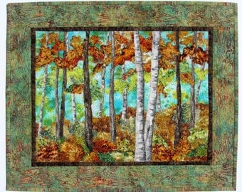 Landscape Quilt Trees, Quilt Wall Hanging, Wall Quilt Birches, Fabric Collage, Textile Wall Art Trees, Nature, Art Quilt, Small Wall Quilt