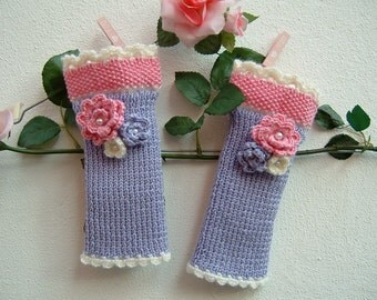 Handmade knitted mittens-knitting fingerless gloves-lilac, pink and white wool arm warmers-Warming wrists tricot