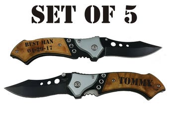 Set of 5 Personalized Knives, Gift for Groomsmen, Pocket Knife, Engraved Folding Camping Knives, Groomsman Gift, Custom Knives