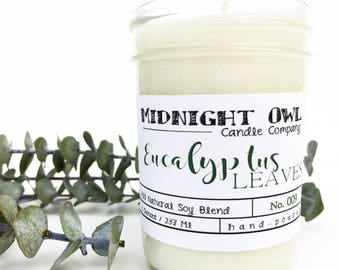 Eucalyptus Leaves Scented Soy Candle, jar candle, soy candles, mason jar, candles, Midnight Owl Candle Co.