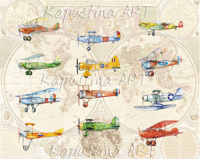 Airplane and World Map decor collection prints Set by YOUR choice Military vintage airplanes Retro aviation party Boys nursery wall art