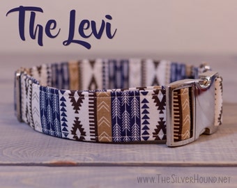 The Levi Collar - Blue/Navy & Brown/Cream/Tan Tribal Pattern Fabric Dog Collar - Choose your width and hardware! - By The Silver Hound