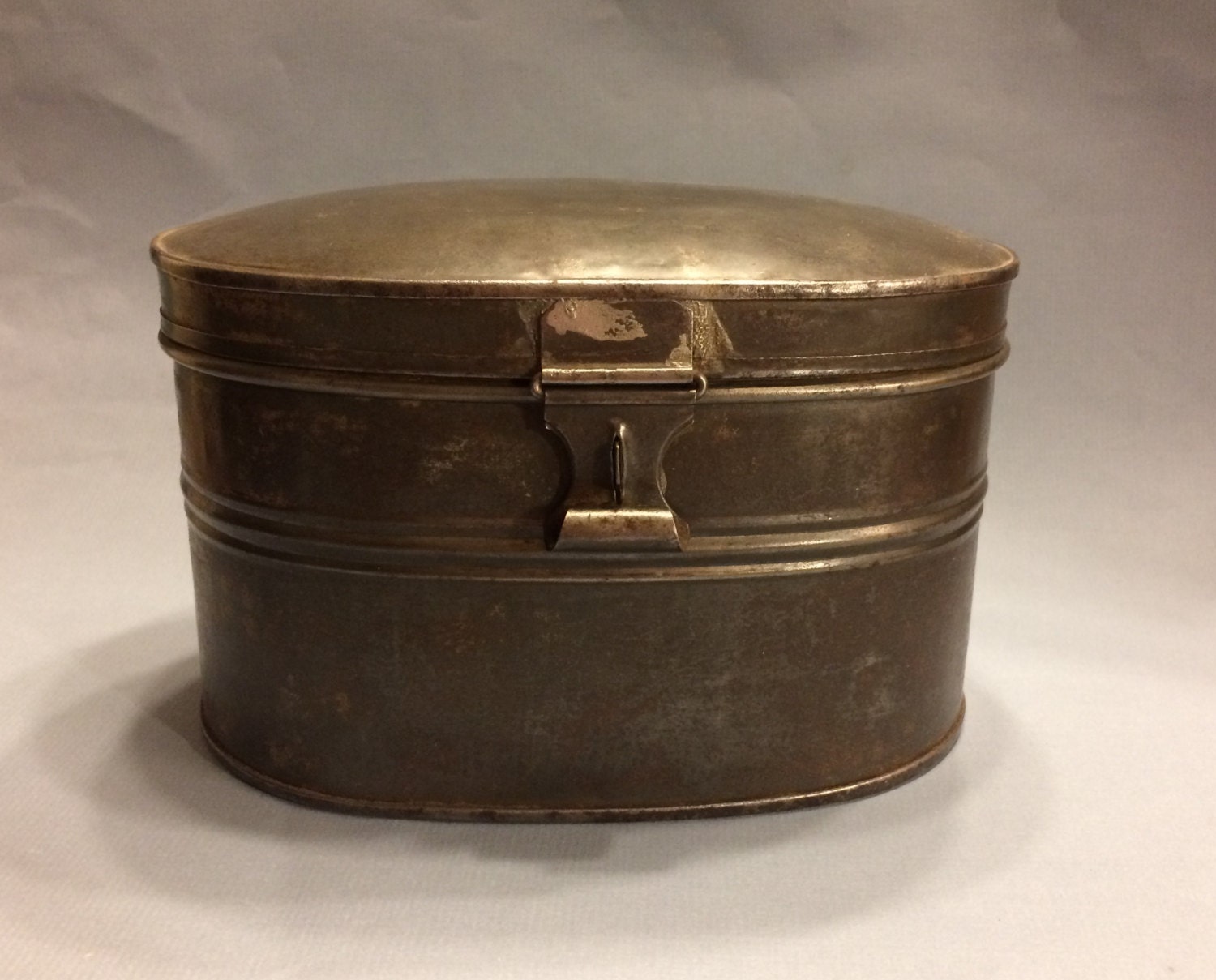 Antique Oval Tin Lunch Pail/ Hinged Tin Container