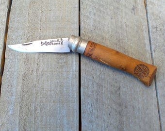 Vintage French " Opinel " Folding Pocket Knife. Horn Handle Pocket Knife. Vintage Knife with Engraved decoration.