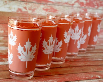 Vintage Hazel Atlas Terracotta / White Maple Leaves Frosted Glass Tumblers - Set of 6