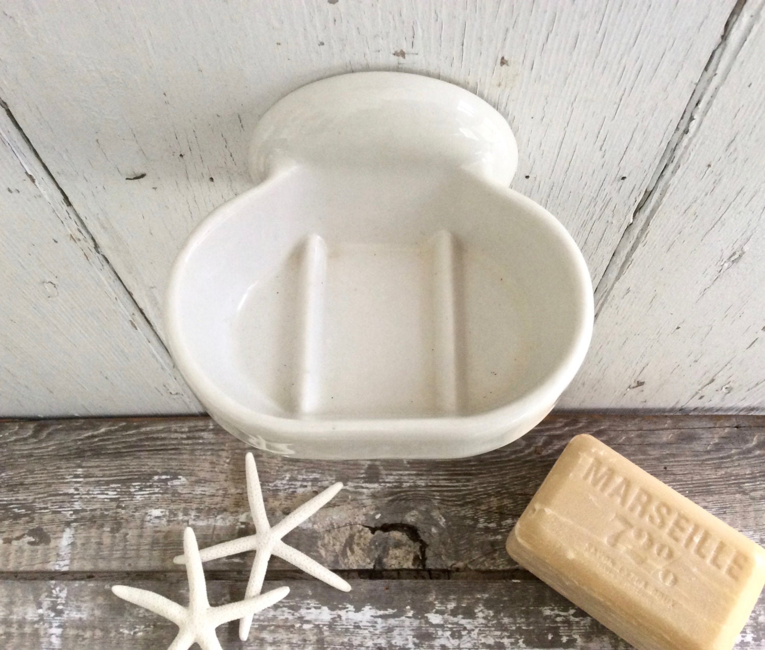 Vintage soap dish wall mount in white porcelain