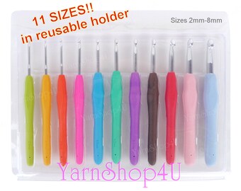 11 Piece Crochet Hook Set. Soft Grip! Comfort Grip, Soft Handle. This Set includes 11 Sizes from 2-8mm GHIJKL. Great Value. Reusable Case.