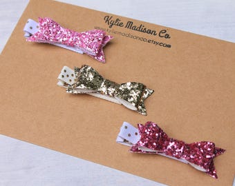 Pink and gold glitter petite bow clip set, baby hair clips