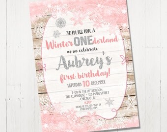 Winter onederland invitation wonderland Birthday Snowflake girl first 1st birthday pink and silver wood whimsical Printable digital