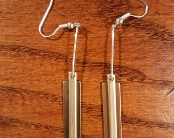 Brushed Metal Brass Layered Thin Rectangular Earrings