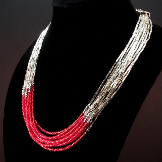 Multi Strand Necklace Elegant Ruby and Silver Beaded Multi