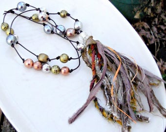 Silk Tassel Necklace, Coachella Necklace, Sari Silk Ribbon, Hand Knotted Leather, Bohemian Jewelry, Festival Jewelry, Statement Necklace