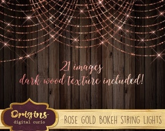 Rose Gold Bokeh Sparkling String Lights - Digital Overlay PNG Fairy Lights, wedding lights, pink baby shower, glitter shimmer sparkle
