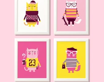 Cat nursery prints, hipster cats, cat prints, nursery art, nursery wall art, nursery prints, kitty cat, cat wall art, cats, cat art