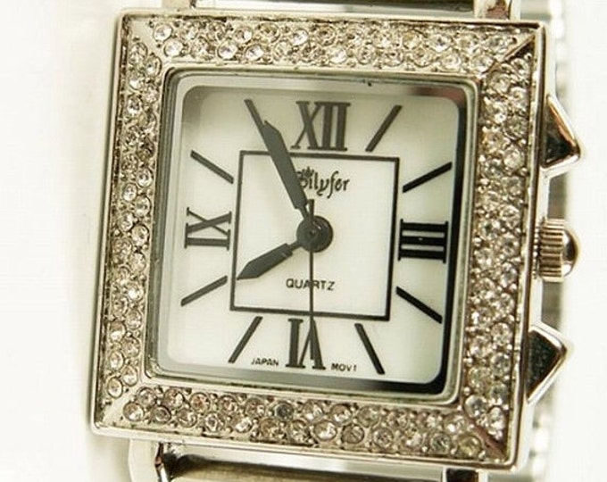Storewide 25% Off SALE Stunning Vintage Ladies Bilyfer Designer Silver Tone Quartz Watch Featuring Cartier Styled Bezel & Rhinestone Embelis
