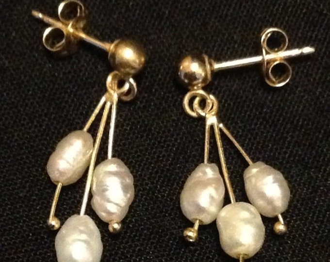 Storewide 25% Off SALE Vintage 14k Gold Chandelier Designer Pierced Earrings Featuring Unique Suspended Baroque Pearl Accents