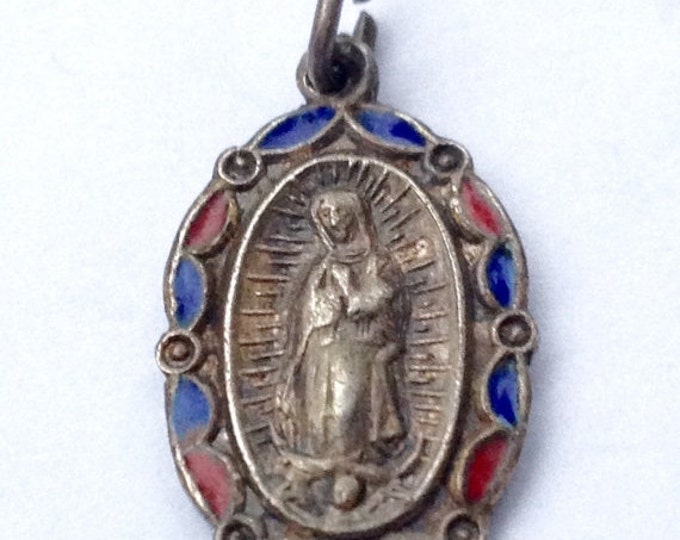 Storewide 25% Off SALE Vintage Sterling Silver Religious Mary Mother Of Christ Pendant Charm Featuring Red And Blue Alternating Enamel Embel