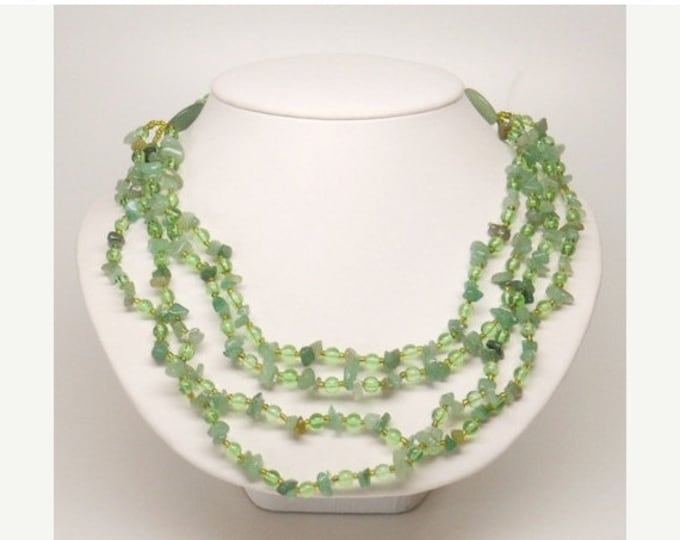 Storewide 25% Off SALE Vintage Natural Multi-Strand Jade Green Aventurine Stone Designer Bib Necklace Featuring Heart Shaped Accents