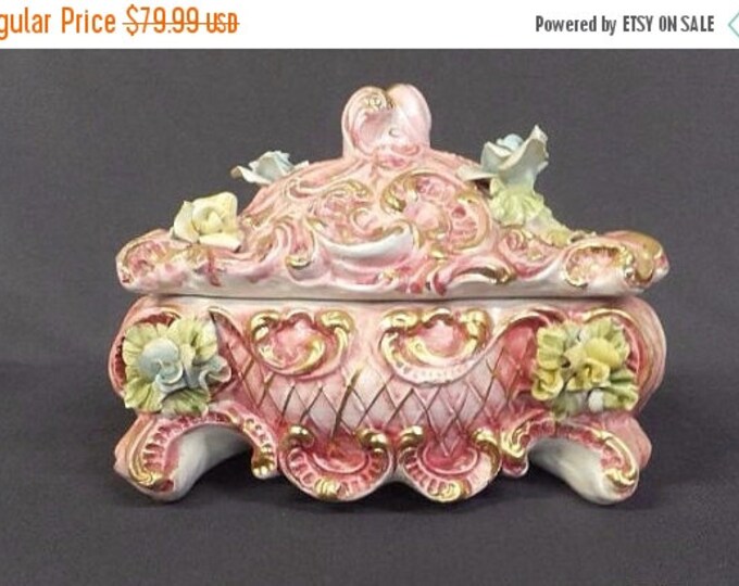 Storewide 25% Off SALE Vintage Porcelain Capodimonte Inspired Footed Lidded Jewelry Box Featuring Rose Flowers With Gold Swirl Accents in Lo