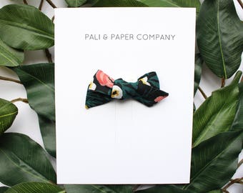Tiny "Hunter Painted Roses" Schoolgirl Bow / Rifle Paper Co. / Handmade Baby Hair Bow / Pretty Floral Hair Bow / Cotton Bow on Clip
