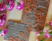 Steampunk laser cut invitation with matching laser cut RSVP card suite gears and hearts with a victorian flare