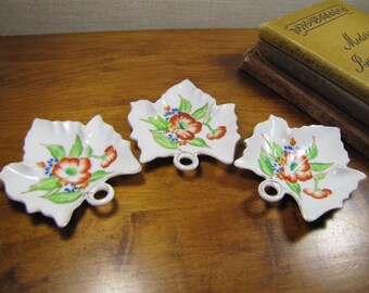 Set of Three (3) Small Leaf Shaped Dishes - Orange and Blue Flowers - Gold Accent - Made in Occupied Japan