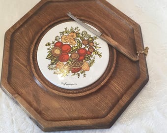 Wood and Tile Cheese Board ~ Attached Knife ~ Goodwood ~ Japan ~ Vintage