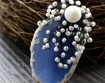 Drusy jewelry blue crystal drusy quartz pendant embellish with beautiful natural pearl