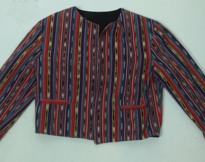 70s Ikat hand loomed crafted striped ethnic boho hippie cropped folk jacket
