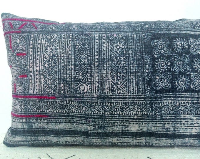 11"x 20" Vintage Indigo Pink Batik / Hmong Hemp Pillow Cover / Exotic Textile Boho Neon Stripes Pillow Case / Ethnic Costume Textile Pillow