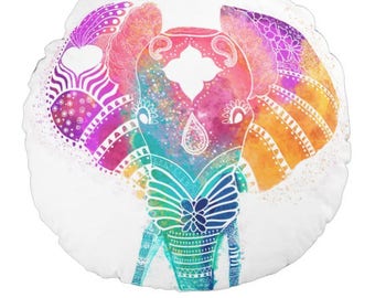 Elephant Round Pillow 16" Boho Colorful Animals Unique Sofa Bedroom Gift for Women Kids Teens Girlfriend Boyfriend Birthday Yoga Cute