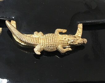 Black Patent Leather Purse // Evening Bag with Gold Chain and Large Gold Alligator Clasp, Pockets Inside and Out // "Alligator Purse" 1970s