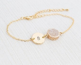 Gold Initial Bracelet & Neutral Druzy Charm, Initial Bracelet, Women's ID Bracelet, Unique Gifts for Women