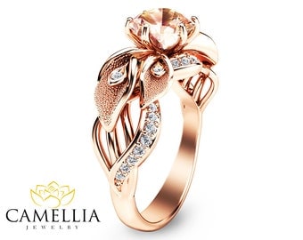 14K Rose Gold Morganite Engagement Ring Calla Lily Design Morganite Ring Unique Flower Ring Nature Inspired Engagement Ring