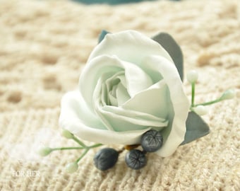 White rose brooch flower handmade Jewelry roses brooch Blue accessory Flower pin clip roses Blue broach jewelry for weddings Blue roses Gift