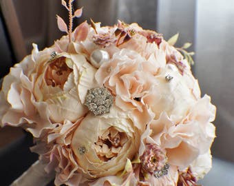 Peony Bridal Bouquet, Silk Wedding Flowers, Brooch Bouquet, Champagne Wedding Flowers, Vintage Wedding, Shabby Chic Wedding Bride Bridesmade
