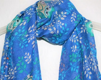 Owl Scarf, Blue Owl Scarf, Gift For Her, Womens Gift, Spring, Summer Scarf, Multi Colour Scarf, For Her, Blue Accessory, Owls