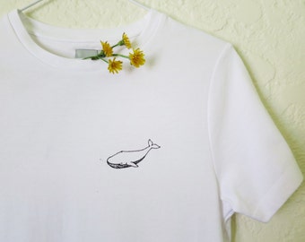 Whale With Bubbles, Hand Screen Printed T-shirt, Original Artwork, Unisex, White, Ocean, Sea Animal, Vegan