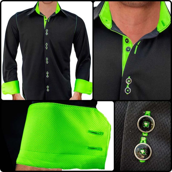 Black and Neon Green Moisture Wicking Dress Shirt Made in